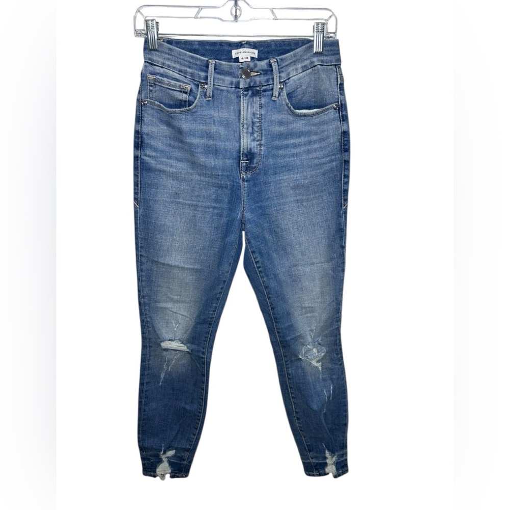 Good Americanβ Good Waist Crop Jeans Blue Distressed Skinny 6/28 GWCCH075T
